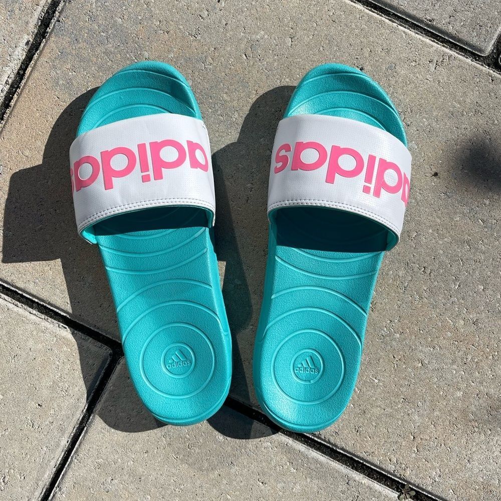 Adidas Turquoise White Pink Slides Sandals | SZ 8